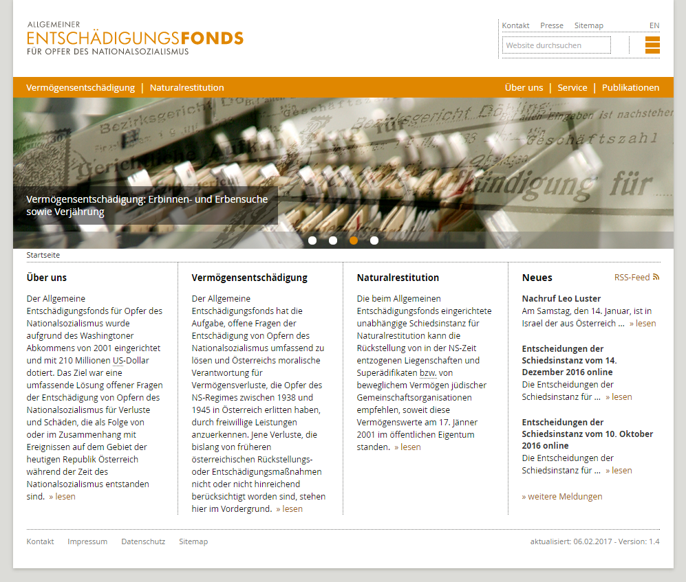 Website für den Allgemeine Entschädigungsfonds für Opfer des Nationalsozialismus
